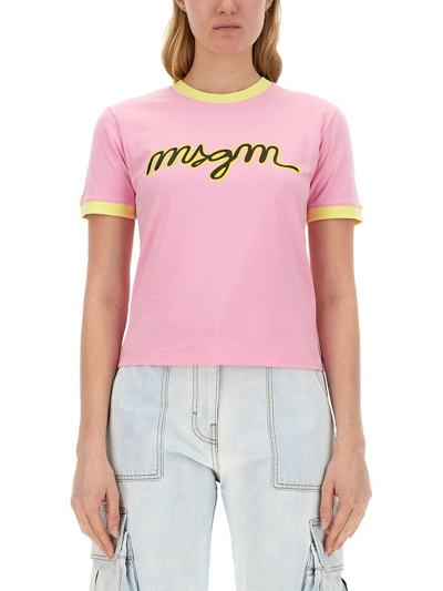 Shop Msgm Logo Printed Crewneck T In Pink