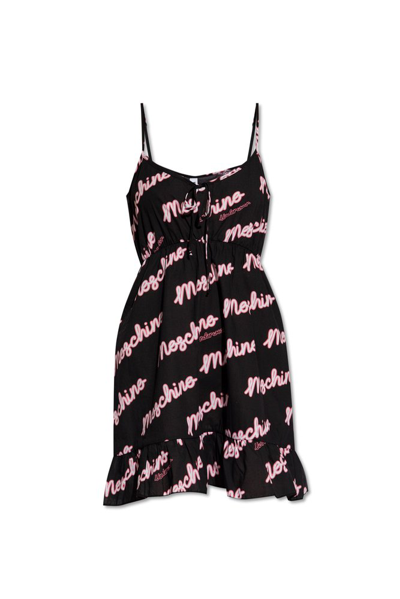 Shop Moschino Logo Printed Flared Hem Night Dress In Black