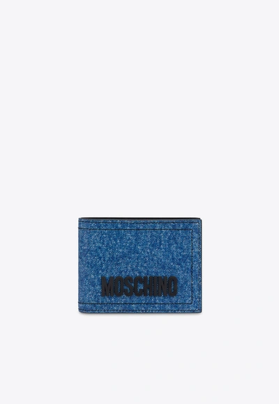 Shop Moschino Bi-fold Wallet In Denim Print Leather In Blue