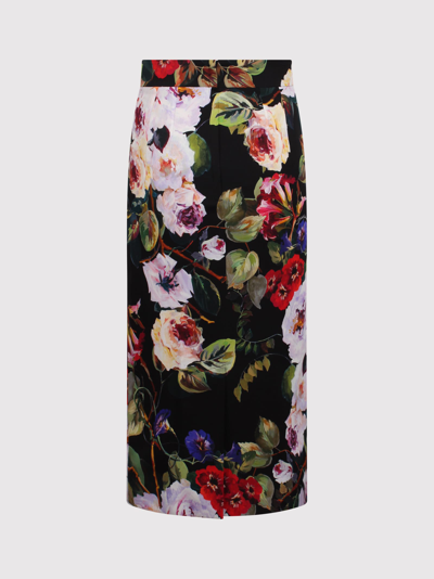 Shop Dolce & Gabbana Silk Charmeuse Calf-length Skirt With Rose Garden Print:
