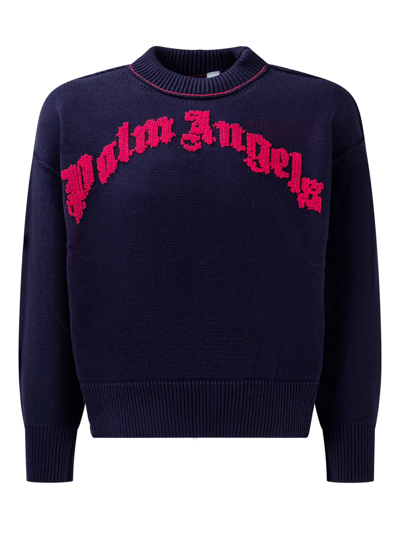 Shop Palm Angels Logo Sweater In Navy Blue