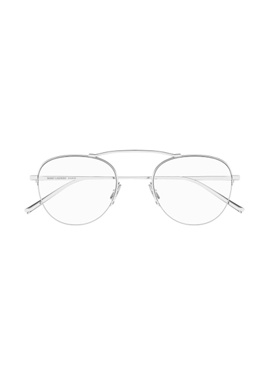 Shop Saint Laurent Round Frame Glasses In 001 Silver Silver Transpa