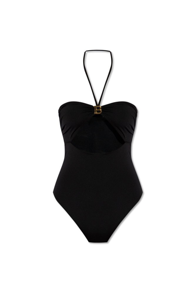 Shop Balmain Cut Out Detailed Halterneck Swimsuit In Black