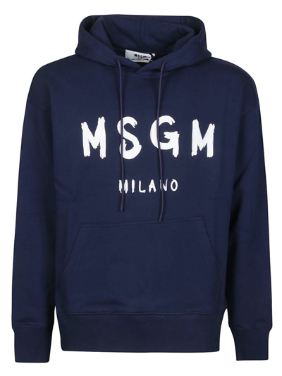 Shop Msgm Logo Printed Drawstring Hoodie In Navy