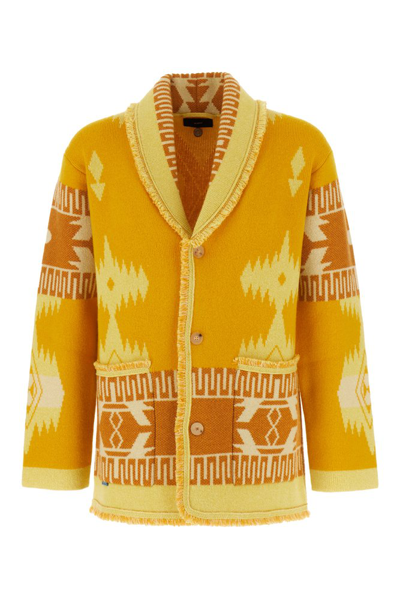 Shop Alanui Icon Pattern Jacquard Fringed Detailed Cardigan In Yellow