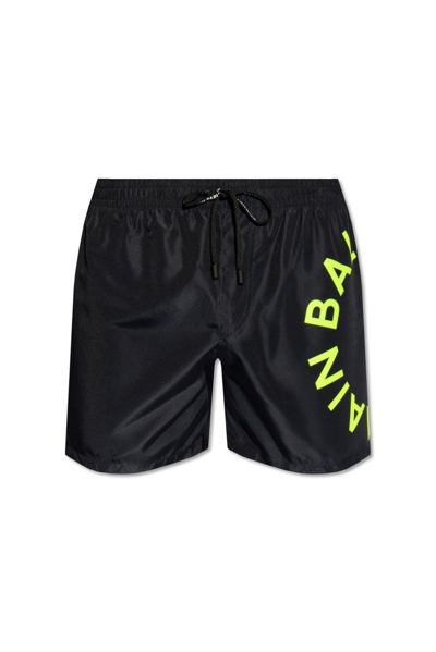 Shop Balmain Logo Printed Drawstring Swim Shorts In Black