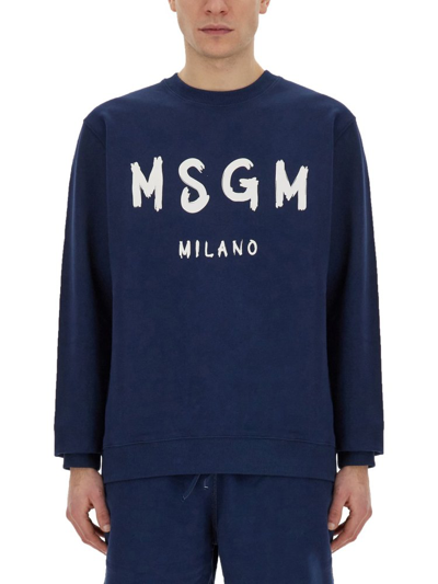 Shop Msgm Logo Printed Crewneck Sweatshirt In Navy