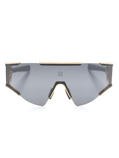 Balmain Black Fleche Rectangular Mask Sunglasses In Gold