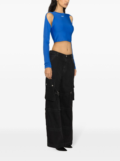 Shop Off-white Cut-out Long Sleeve Cropped Top In Blue