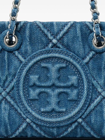 Shop Tory Burch Fleming Mini Denim Shoulder Bag In Blue