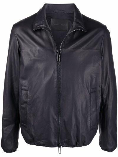 Shop Emporio Armani Leather Blouson Jacket In Blue