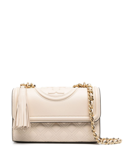 Shop Tory Burch Fleming Small Leather Shoulder Bag In Beige