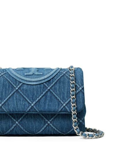 Shop Tory Burch Fleming Small Denim Shoulder Bag In Blue