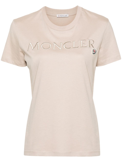 Shop Moncler Logo Cotton T-shirt In Beige