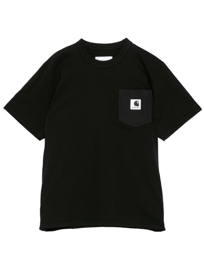 Shop Sacai X Carhartt Wip Logo Cotton T-shirt In Black