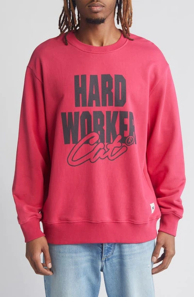 Shop Cat Wwr Worker Graphic Sweatshirt In Biscotti/ Raspberry Wine