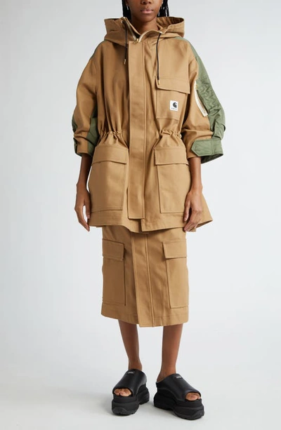 Shop Sacai Carhartt Wip Mixed Media Coat In Beige Khaki