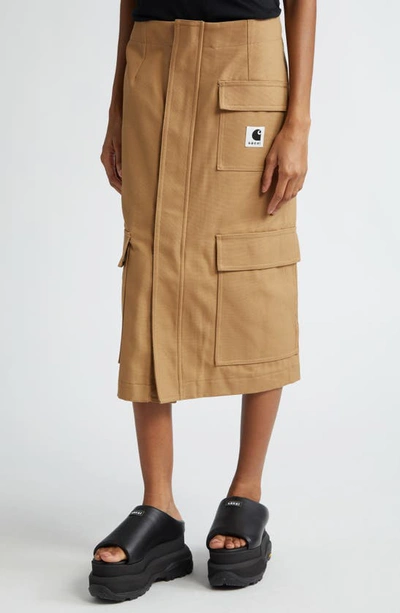 Shop Sacai Carhartt Wip Cotton Canvas Cargo Skirt In Beige