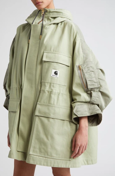 Shop Sacai Carhartt Wip Mixed Media Coat In Light Green Khaki