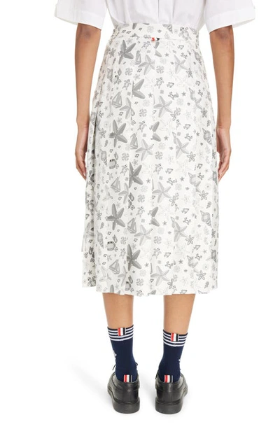 Shop Thom Browne Nautical Crystal Print Drop Back Pleated Silk Skirt In White