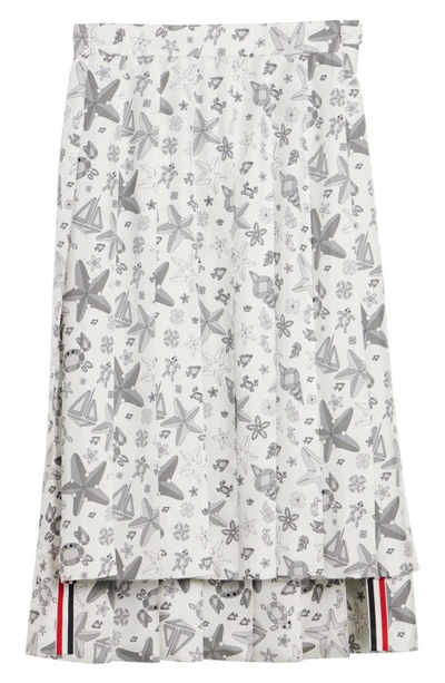 Shop Thom Browne Nautical Crystal Print Drop Back Pleated Silk Skirt In White