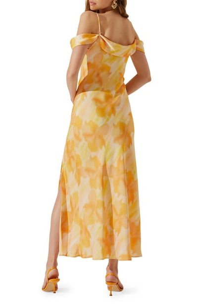 Astr Kitura Abstact Print Cold Shoulder Dress In Orange Yellow Print
