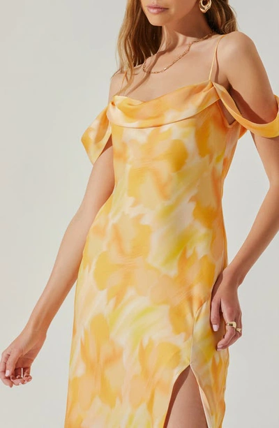 Astr Kitura Abstact Print Cold Shoulder Dress In Orange Yellow Print