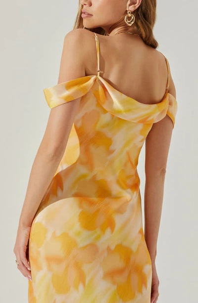 Astr Kitura Abstact Print Cold Shoulder Dress In Orange Yellow Print