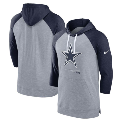 Shop Nike Heather Gray/heather Navy Dallas Cowboys Raglan 3/4-sleeve Pullover Hoodie