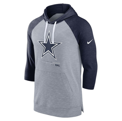 Shop Nike Heather Gray/heather Navy Dallas Cowboys Raglan 3/4-sleeve Pullover Hoodie