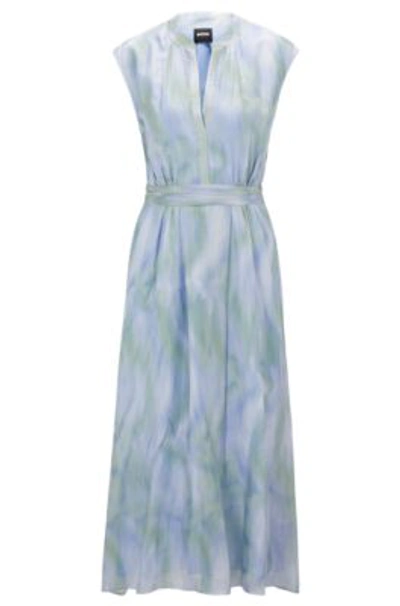 Shop Hugo Boss Short-sleeved Dress In Silk With Stripe Print In Patterned