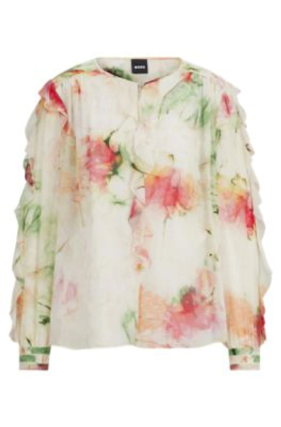 Shop Hugo Boss Printed Blouse In Crinkle Crepe With Frilled Trim In Patterned