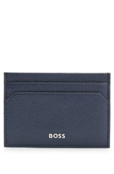 Shop Hugo Boss Grained-leather Card Holder With Logo Lettering In Dark Blue