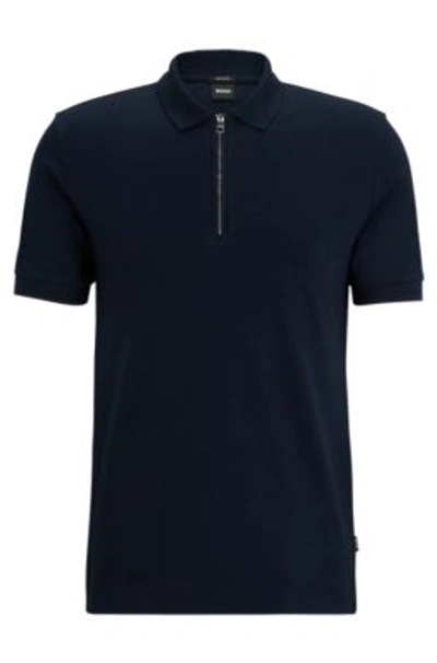 Shop Hugo Boss Mercerized-cotton Slim-fit Polo Shirt With Zip Neck In Dark Blue