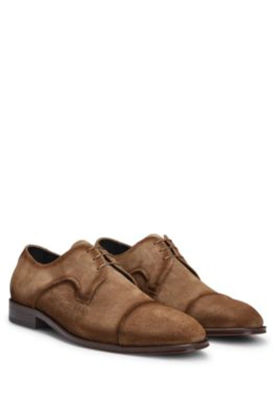 Shop Hugo Boss Italian-made Suede Derby Shoes With Cap-toe Detail In Beige