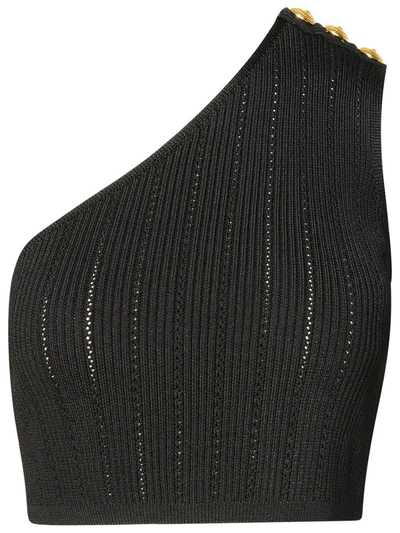 Balmain Asymmetric Buttoned Knit Top In Black
