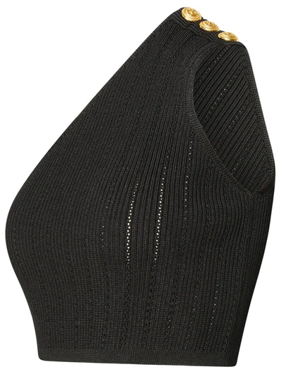 Balmain Asymmetric Buttoned Knit Top In Black