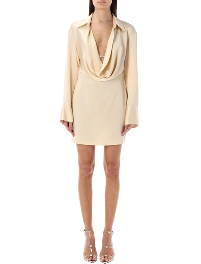 Shop Blumarine Satin Cowl Collar Mini Dress In Angora Beige