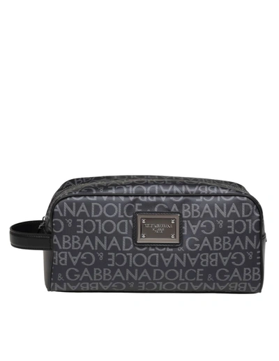 Shop Dolce & Gabbana Necessaire In Logoed Fabric In Black / Grey