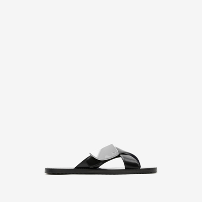 Shop Burberry Leather Strip Shield Slides In Black