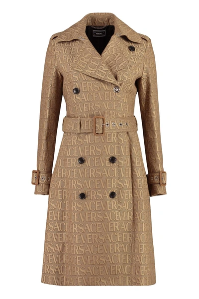 Versace Double-breasted Canvas-jacquard Trench Coat In Beige