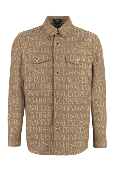 Shop Versace Jacquard Fabric Overshirt With Logo In Brown