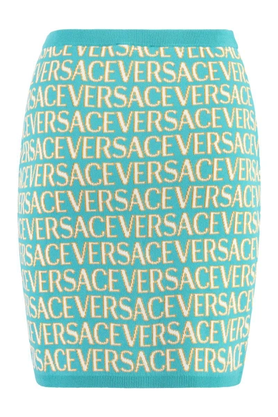 Shop Versace Knitted Mini Skirt In Turquoise
