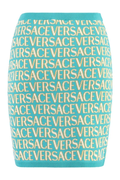 Versace Logo-print Cropped Cardigan In Turquoise