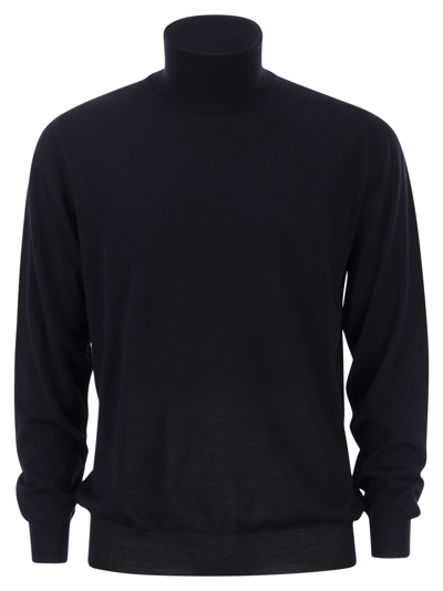 Fedeli Man Navy Blue Turtleneck Cashmere And Silk Pullover In Blue