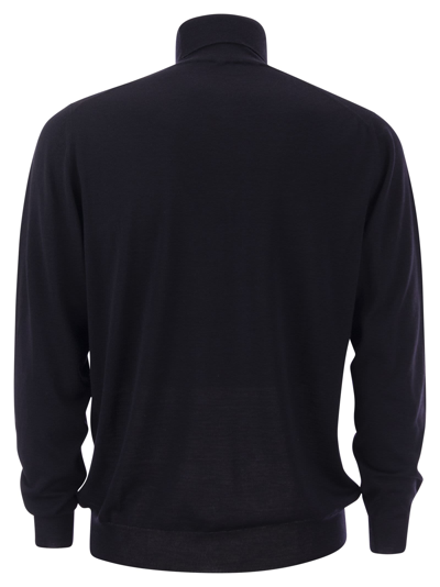 Fedeli Man Navy Blue Turtleneck Cashmere And Silk Pullover In Blue