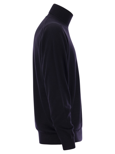 Fedeli Man Navy Blue Turtleneck Cashmere And Silk Pullover In Blue