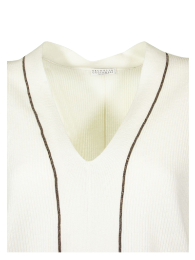 Shop Brunello Cucinelli White V-neck Sweater Cashmere Sweater With Monili