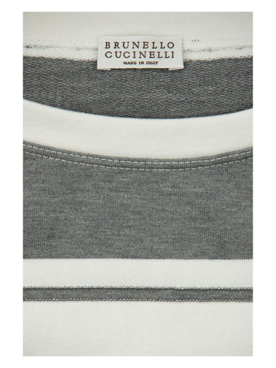 Shop Brunello Cucinelli Cotton Striped French Terry Sweatshirt With Monili In Grey