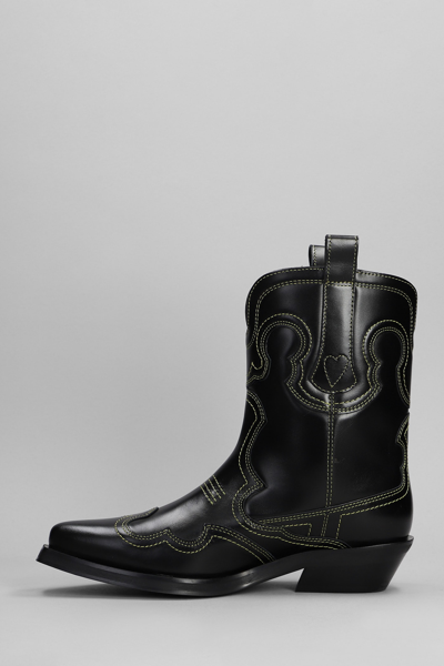 Shop Ganni Texan Ankle Boots In Black Leather